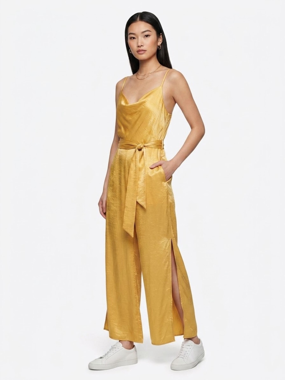 Moon River $95 P2P17-19” W14” R14”I25 Cowl Neck Satin Wide Leg Jumpsuit w/Belt L